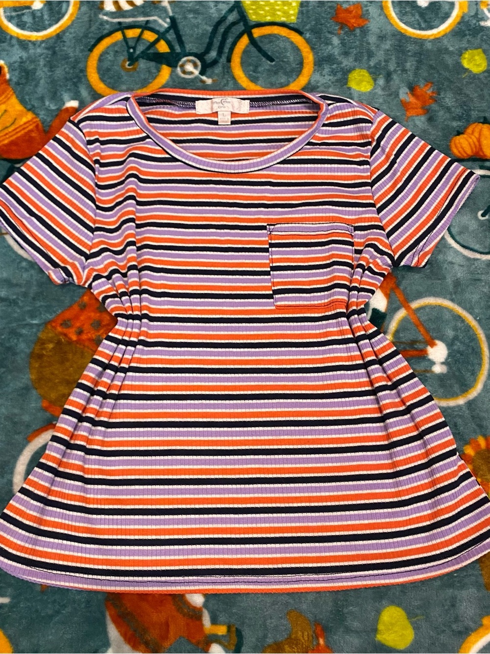 Indie Hipster Striped Baby Tee Purple/Orange/Black/White Front Pocket Girls L